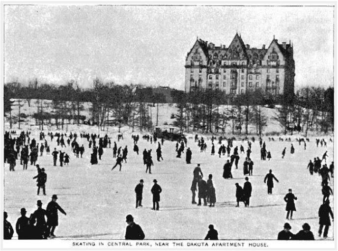 Ice skating in Central Park with the Dakota apartment building behind