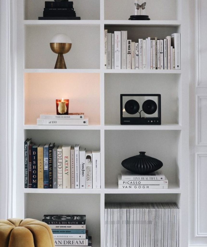 Living room shelves featured on No17 House a London Victorian terrace renovation project featured on Instagram account of Christopher and Sarah Louise Phelps